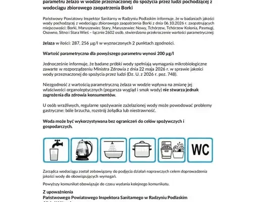 Woda z wodociągu Borki z podwyższonym żelazem – sanepid wydał komunikat