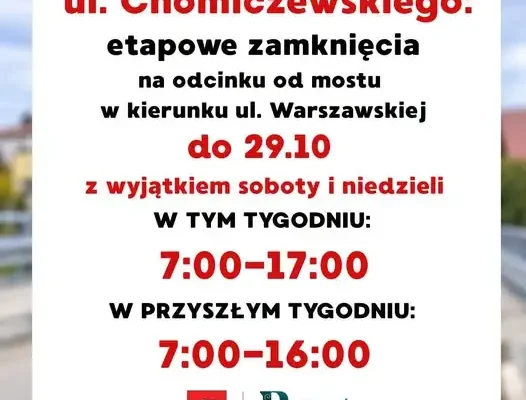Utrudnienia w Radzyniu Podlaskim: ul. Chomiczewskiego etapowo zamknięta do 29 października
