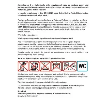 Woda z wodociągu Branica Radzyńska-Kolonia: dwa komunikaty dla mieszkańców