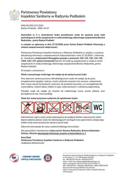Woda z wodociągu Branica Radzyńska-Kolonia: dwa komunikaty dla mieszkańców