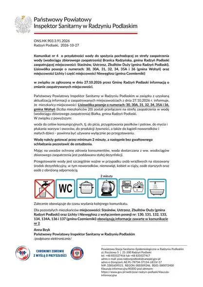 Komunikaty sanitarne: woda w Niewęgłoszu niezdatna do picia, w Lisiowólce tylko po przegotowaniu